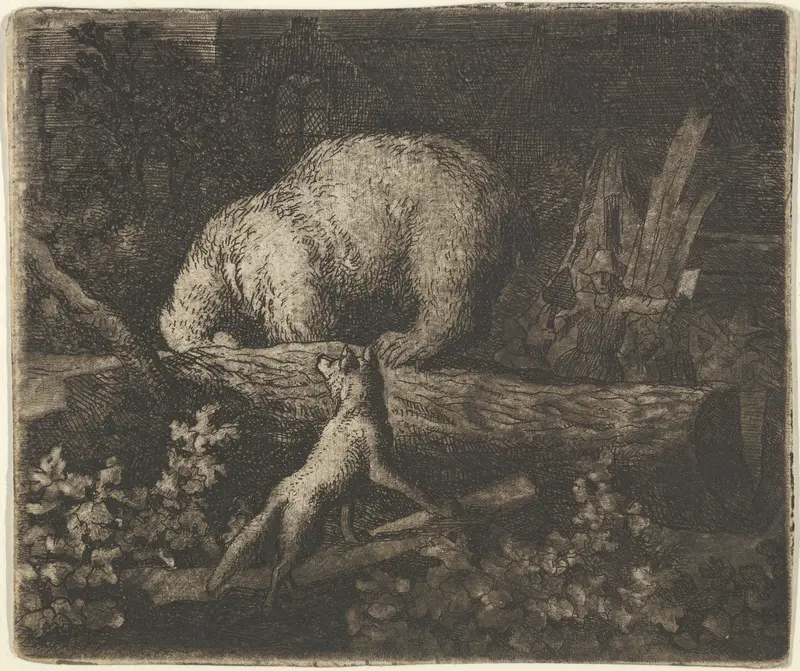 The Bear with His Snout and Forepaws Caught in the Trunk of a Tree from Hendrick van Alcmar's Renard The Fox Wall Art by Allart van Everdingen - High-Resolution Digital Print