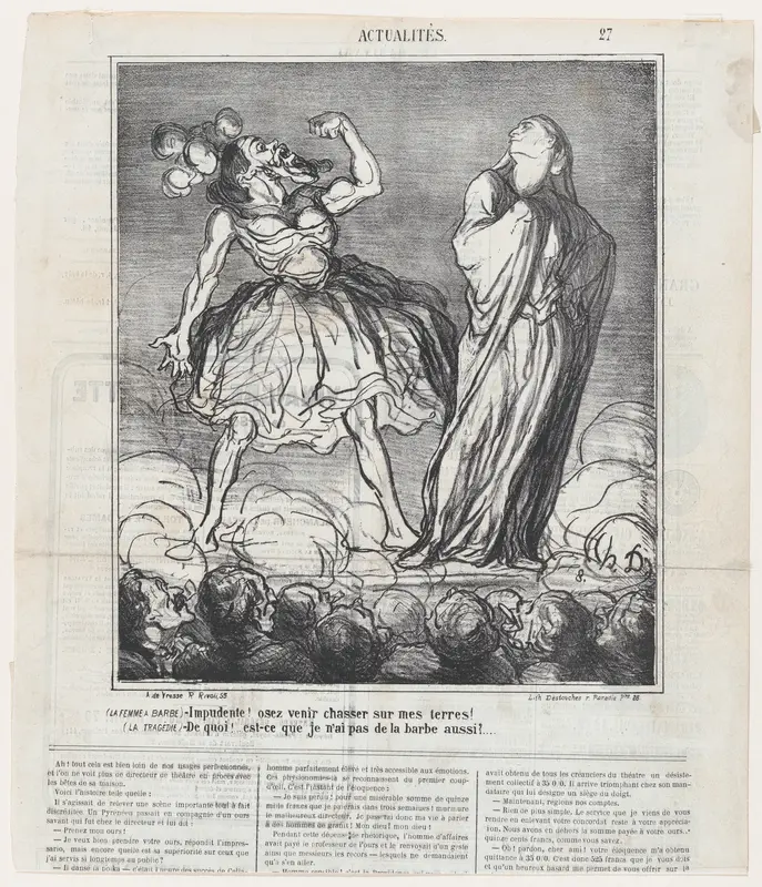 The bearded lady: Imprudent woman! You dare hunt on my territory! Tragedy: What! Don't I have a beard as well?, from 'News of the day,' published in Le Charivari, February 16, 1867 Wall Art by Honoré Daumier - High-Resolution Digital Print