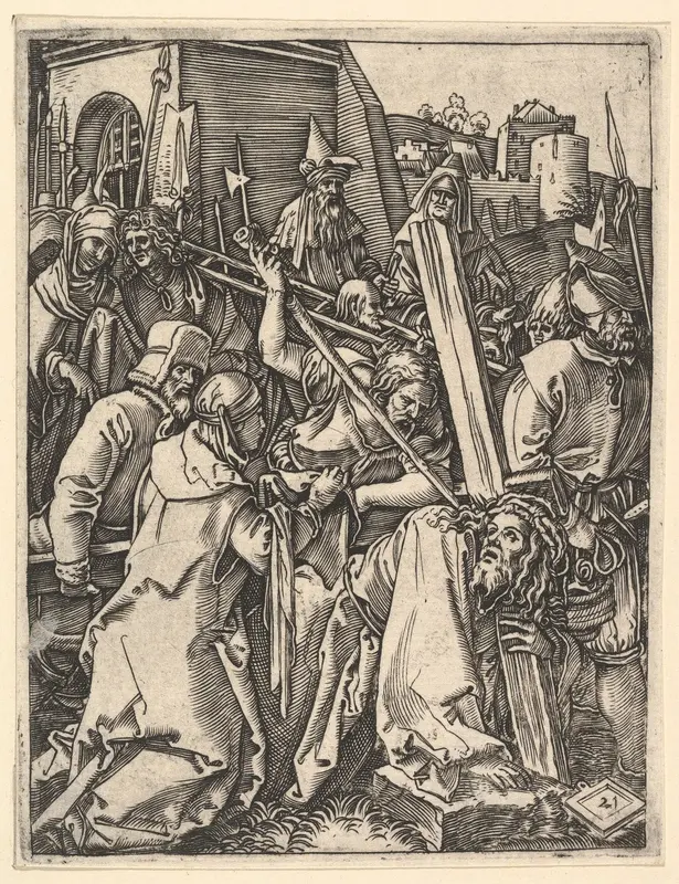 The Bearing of the Cross; Christ bearing the cross, supporting himself with one arm on the ground, from "The Passion of Christ", after Dürer