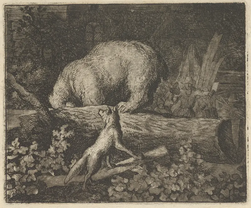 The Bear's Snout and Paws Are Caught in the Trunk of a Tree from Hendrick van Alcmar's Renard The Fox Wall Art by Allart van Everdingen - High-Resolution Digital Print