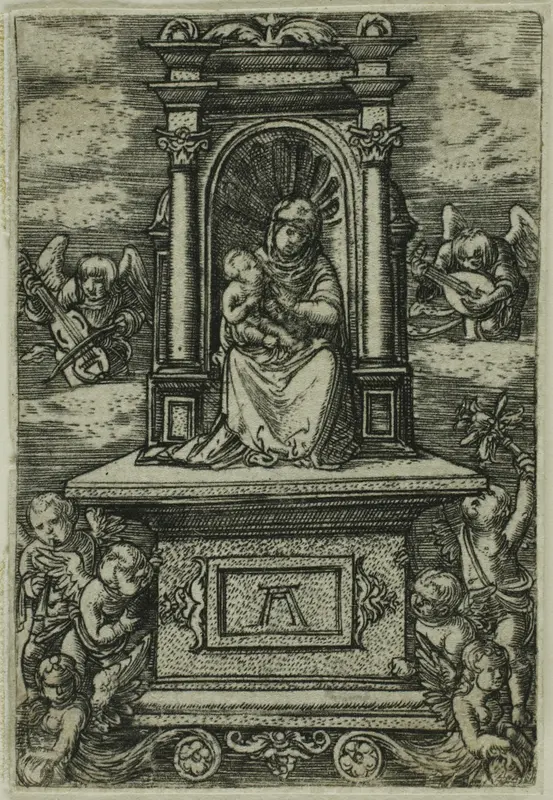 'The Beautiful Virgin of Regensburg' with the Child on a Throne, Surrounded by Angels with Musical Instruments Wall Art by Albrecht Altdorfer - High-Resolution Digital Print