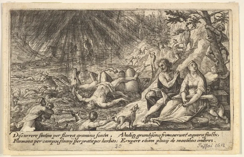 The beginning of the Flood: men and women climb to higher ground at right, water overtaking animals and people at left, Noah's Ark beyond, from "Liber Genesis" Wall Art by Crispijn de Passe the Elder - High-Resolution Digital Print