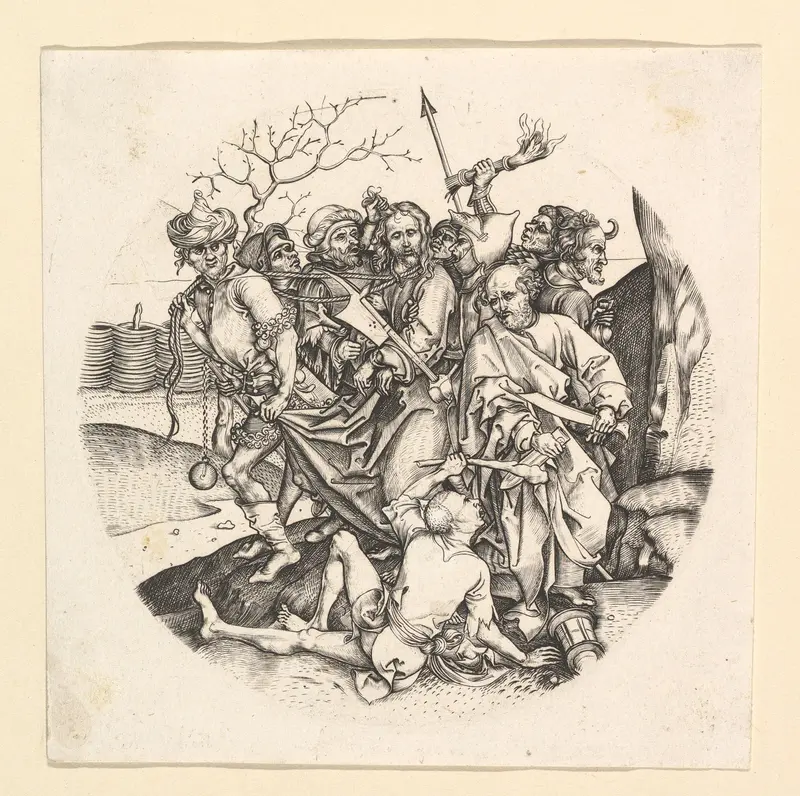 The Betrayal of Christ (reverse copy in roundel) Wall Art by Martin Schongauer - High-Resolution Digital Print