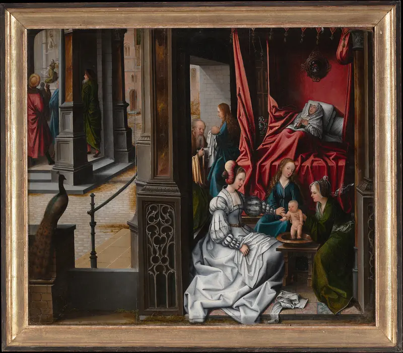 The Birth and Naming of Saint John the Baptist; (reverse) Trompe-l'oeil with Painting of The Man of Sorrows Wall Art by Bernard van Orley - High-Resolution Digital Print