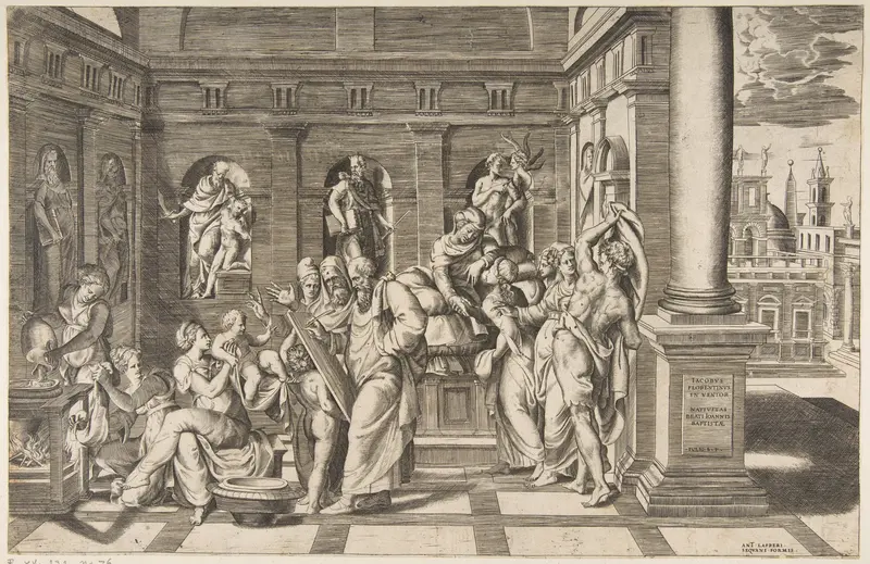 The birth of Saint John the Baptist set within a classical building Wall Art by Giulio Bonasone - High-Resolution Digital Print