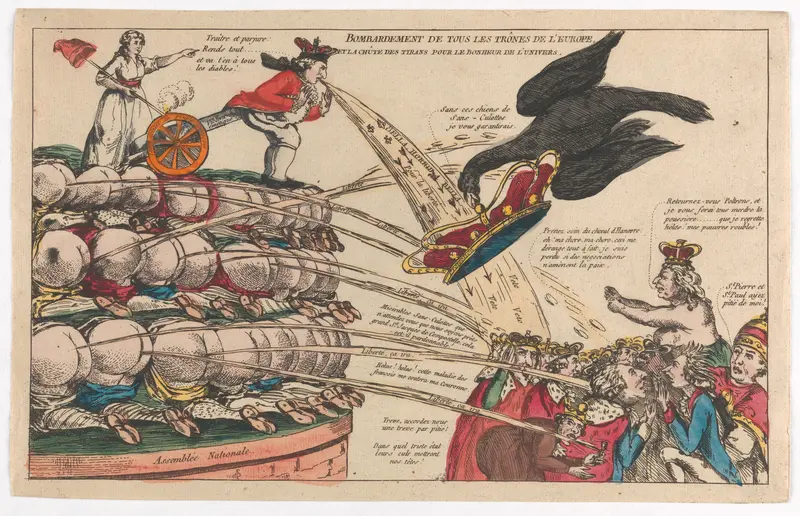 The Bombardment of All the Thrones of Europe and the Fall of the Tyrants for the Happiness of the Universe (Bombardement de Tous les Trônes de l'Europe et la Chûte des Tyrans pour la Bonheur de l'Univers) Wall Art by Anonymous, French, 18th century - High-Resolution Digital Print