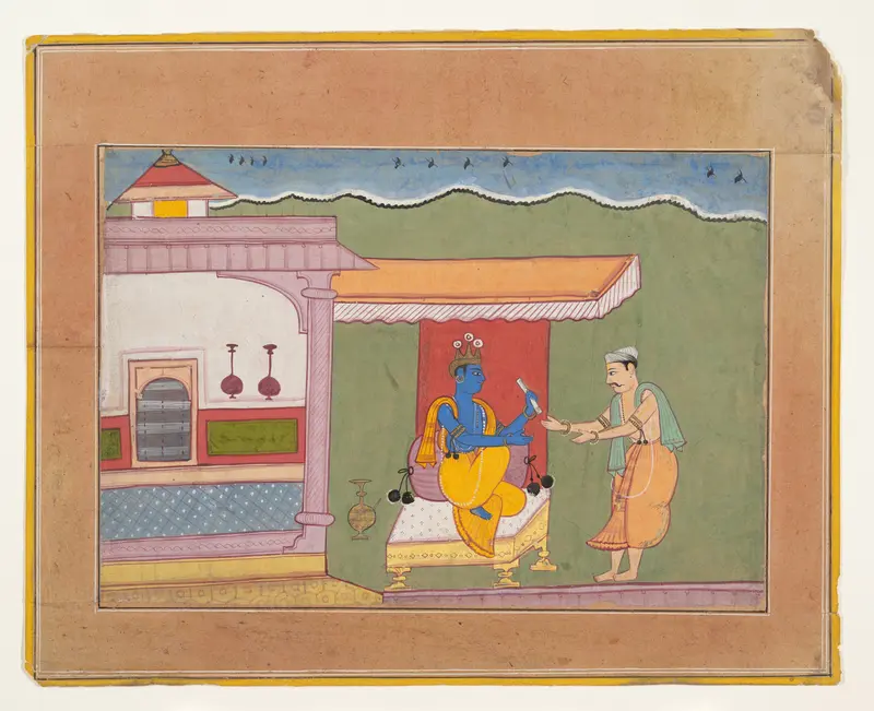 The Brahmin Delivers Rukmini's Letter to Krishna: Page from a Dispersed Bhagavata Purana (Ancient Stories of Lord Vishnu) Wall Art by Unknown - High-Resolution Digital Print
