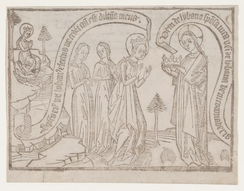 The Bridegroom Offering a Crown to the Bride, from a "Canticum Canticorum" block book, second edition Wall Art by Anonymous, Netherlandish, 15th century - High-Resolution Digital Print