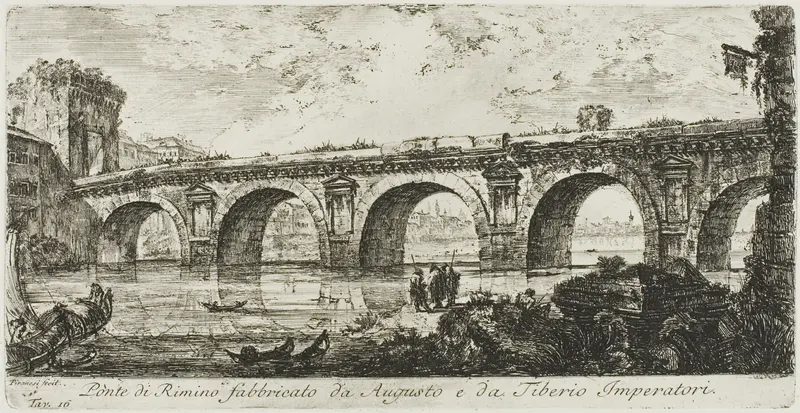 The Bridge at Rimini built by the Emperors Augustus and Tiberius, plate 16 from Some Views of Triumphal Arches and other monuments Wall Art by Giovanni Battista Piranesi - High-Resolution Digital Print