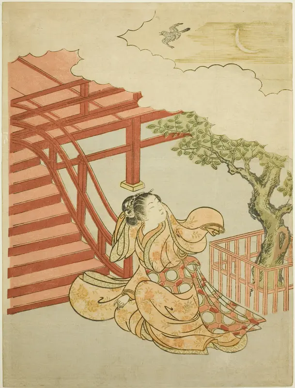 The Call of the Cuckoo from above the Clouds (parody of Minamoto no Yorimasa) Wall Art by Suzuki Harunobu - High-Resolution Digital Print
