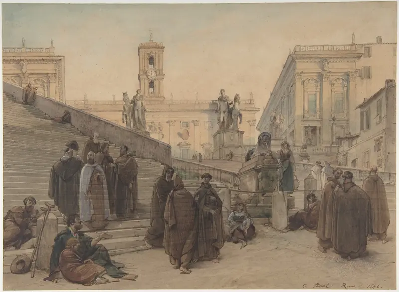 The Campidoglio seen from the Staircase of the Church of the Aracoeli, Rome, at Sunset Wall Art by Charles-François Houel - High-Resolution Digital Print