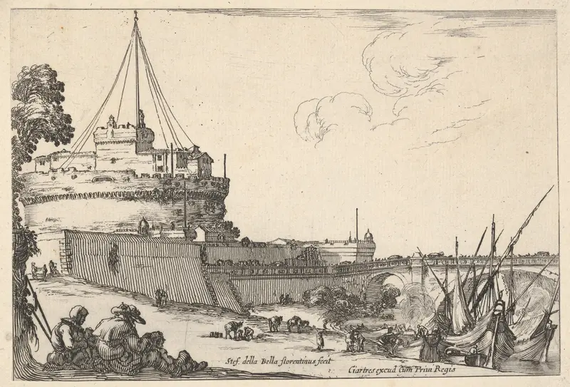 The Castel Sant'Angelo and the Pont Sant'Angelo in Rome, various boats unloading to right, two pilgrims with children seated to left, from "Varie Figure" Wall Art by Stefano della Bella - High-Resolution Digital Print