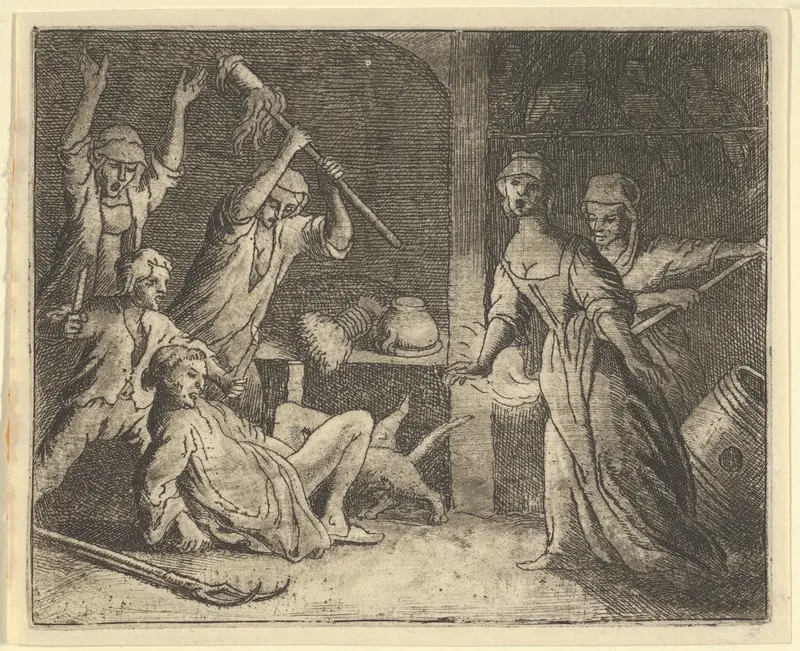 The Cat, Caught in a Snare, is Mistreated by the People from the House from Hendrick van Alcmar's Renard The Fox Wall Art by Allart van Everdingen - High-Resolution Digital Print