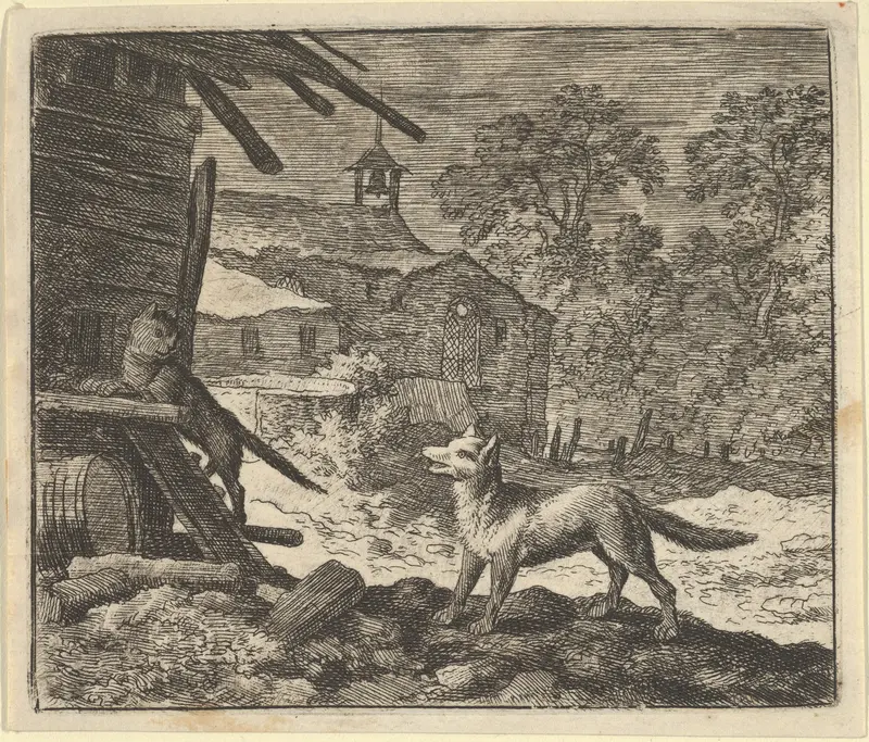 The Cat Climbs a Barn from Hendrick van Alcmar's Renard The Fox Wall Art by Allart van Everdingen - High-Resolution Digital Print