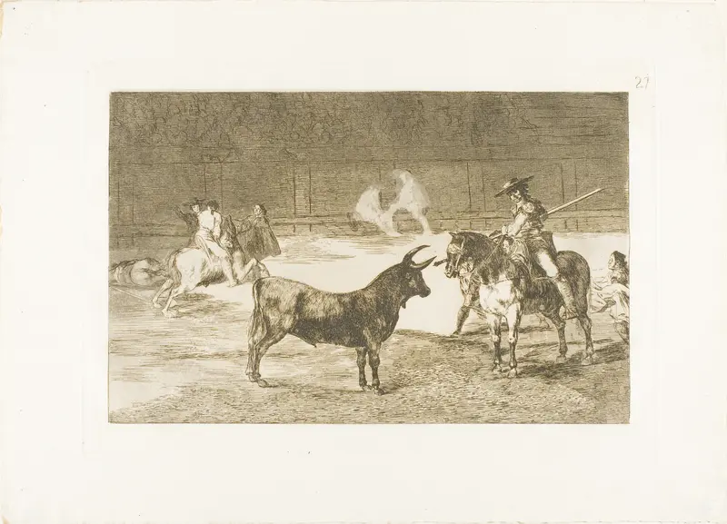 The Celebrated Picador, Fernando del Toro, Draws the Fierce Beast on with His Pique, plate 27 from The Art of Bullfighting