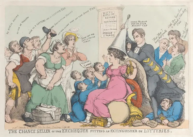 The Chance Seller of the Exchequer Putting an Extinguisher on Lotteries Wall Art by Thomas Rowlandson - High-Resolution Digital Print