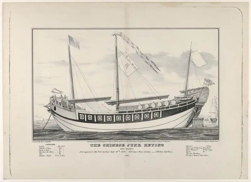 The Chinese Junk Keying [commanded by] Captain Kellett, as she appeared in New York harbour July 13th, 1847–-212 days from Canton.–-720 tons burthen Wall Art by Nathaniel Currier - High-Resolution Digital Print