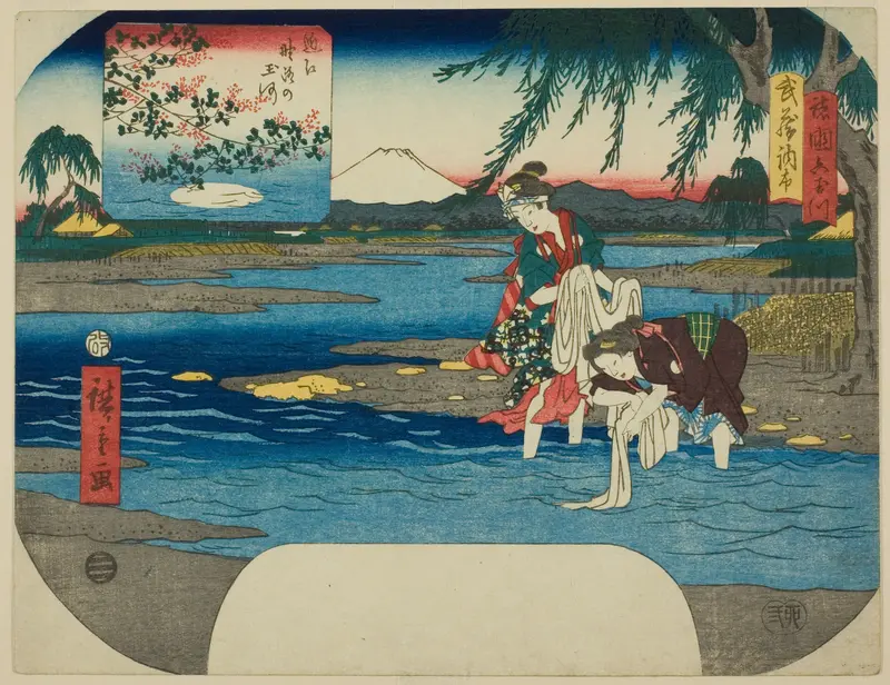 The Chofu Jewel River in Musashi Province (Musashi Chofu) and the Noji Jewel River in Omi Province (Omi Noji no Tamagawa), from the series "Six Jewel Rivers in Various Provinces (Shokoku Mu Tamagawa)"