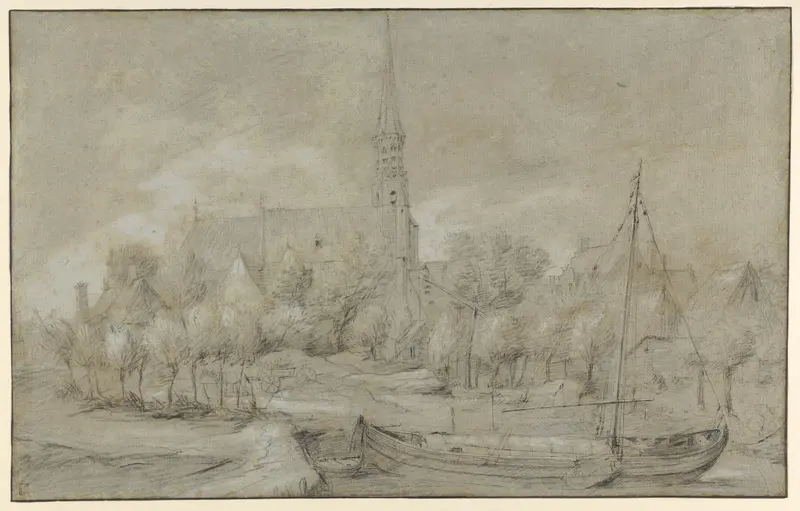 The Church of Saints Peter and Paul in Schelle, near Antwerp, seen from the North, with a Boat in the river Vliet Wall Art by Anonymous, Flemish, 17th century - High-Resolution Digital Print