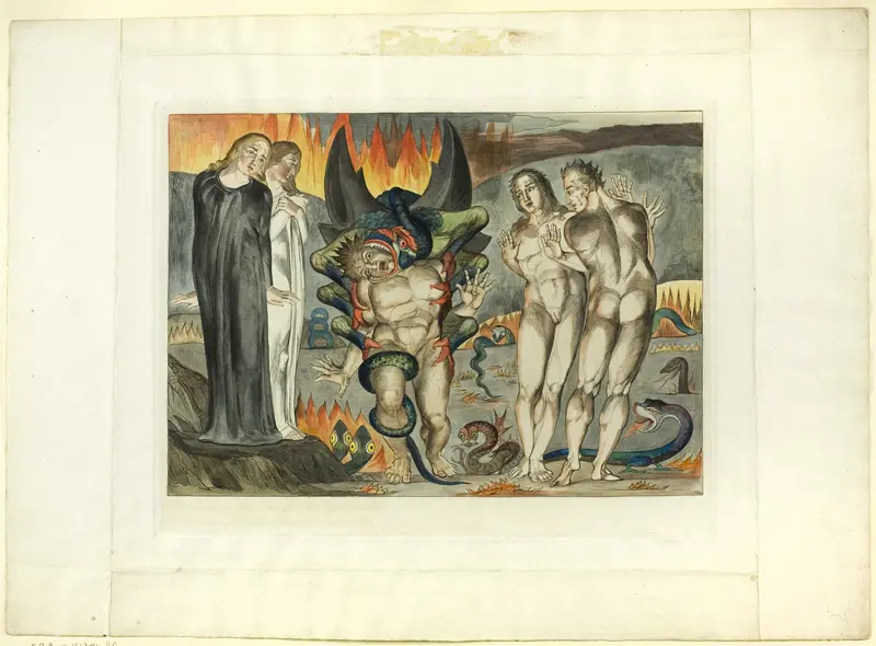The Circle of the Thieves; Agnolo Brunelleschi Attacked by a Six-Footed Serpent. Inferno, canto XXV Wall Art by William Blake - High-Resolution Digital Print