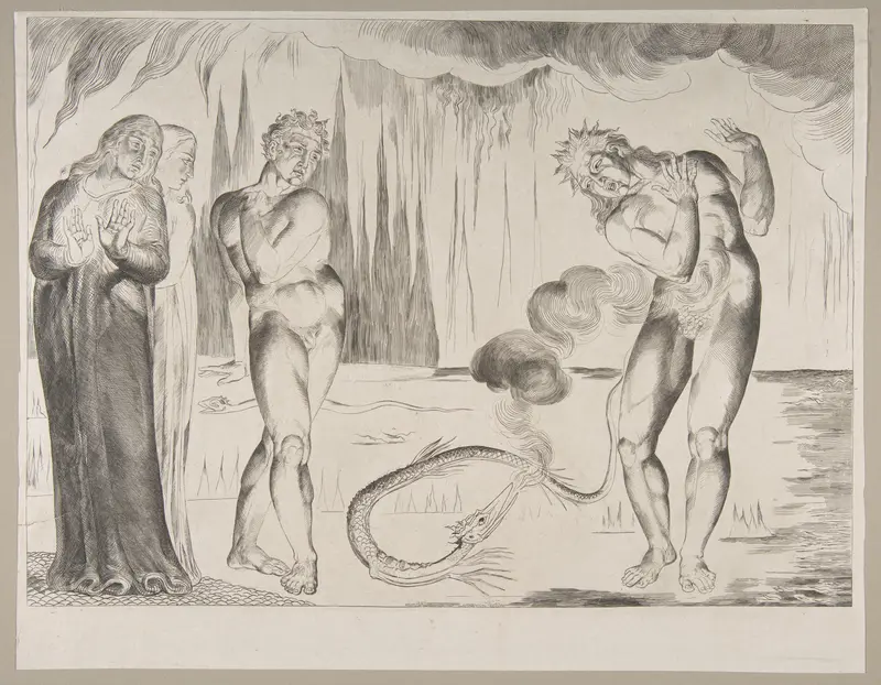 The Circle of the Thieves; Buoso Donati Attacked by the Serpent Wall Art by William Blake - High-Resolution Digital Print