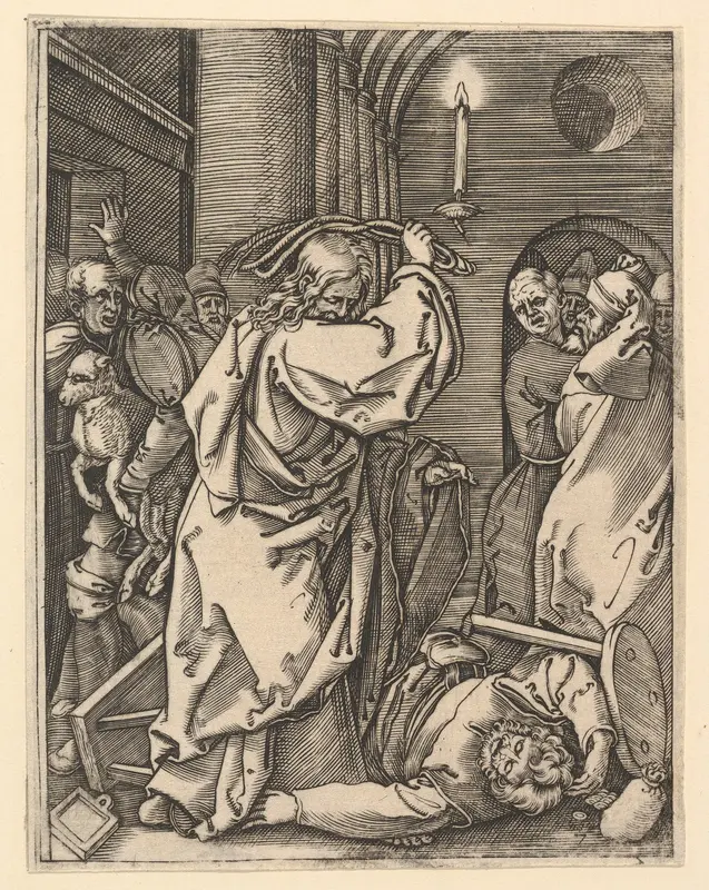 The Cleansing of the Temple; Christ driving the money-changers from the temple and raising a scourge over his left shoulder, as if to strike a man on the floor, from "The Passion of Christ"
