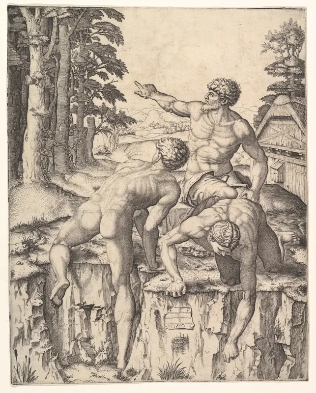 The Climbers: three naked men, one seen from behind climbing onto a river-bank, soldiers emerge from the forest in the background