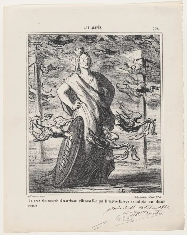 The cloud of ducks obscures the sky so much that poor Europe does not know what road to take, from 'News of the day,' published in Le Charivari, October 22, 1867 Wall Art by Honoré Daumier - High-Resolution Digital Print