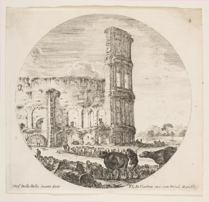 The Colosseum, two herds being directed towards the amphitheater in the foreground, plate 8 from "Roman landscapes and ruins" (Paysages et ruines de Rome) Wall Art by Stefano della Bella - High-Resolution Digital Print