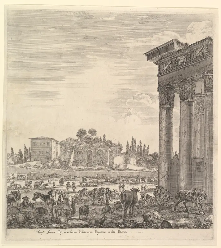 The columns of the Temple of Antoninus to right, a part of the Campo Vaccino in center and at left, from "Six large views, four of Rome, and two of the Roman countryside" (Six grandes vues, dont quatre de Rome et deux de la Campagne romaine) Wall Art by Stefano della Bella - High-Resolution Digital Print