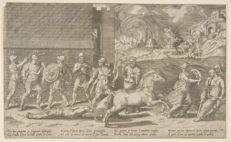 The combat of Hector and Achilles, and Achilles dragging the body of Hector around the walls of Troy Wall Art by Giulio Bonasone - High-Resolution Digital Print