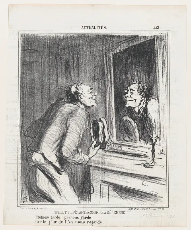 The concierge rehearsing his December smile: Take care! take care! For New Year's Day is approaching!, from 'News of the day,' published in Le Charivari, December 13, 1866 Wall Art by Honoré Daumier - High-Resolution Digital Print