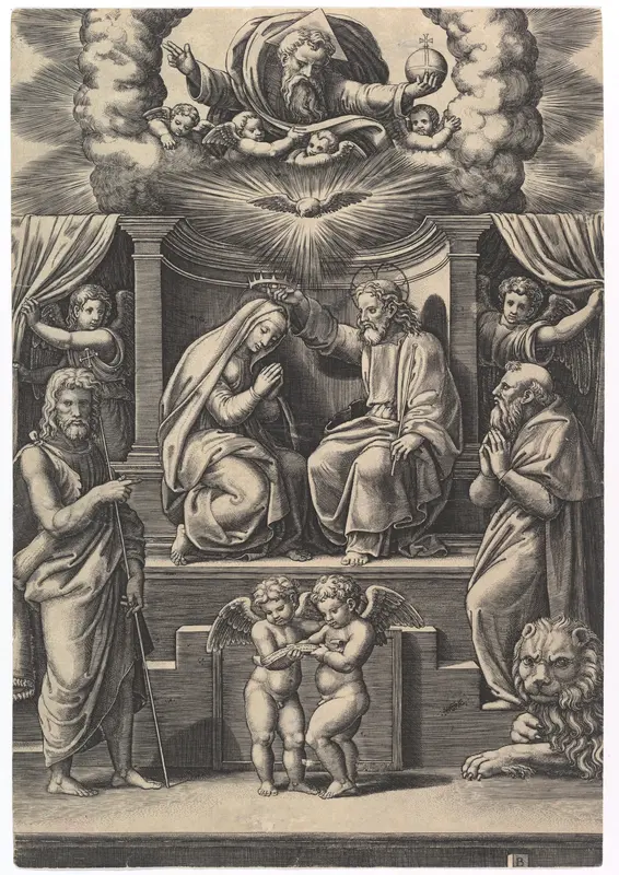 The Coronation of the Virgin, at lower left stands St John the Baptist, at lower right St Jerome, God the father above Wall Art by Master of the Die - High-Resolution Digital Print