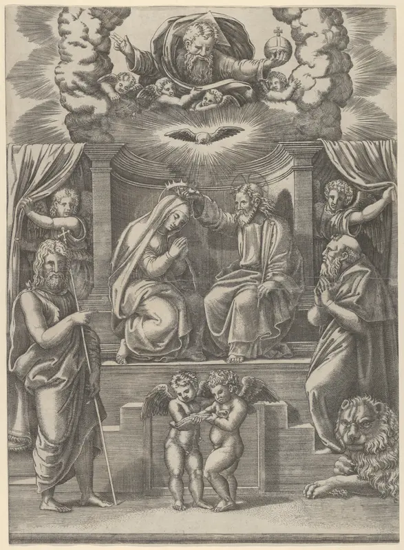 The coronation of the Virgin, God the Father above, St Jerome lower right and St John the Baptist lower left Wall Art by Master of the Die - High-Resolution Digital Print