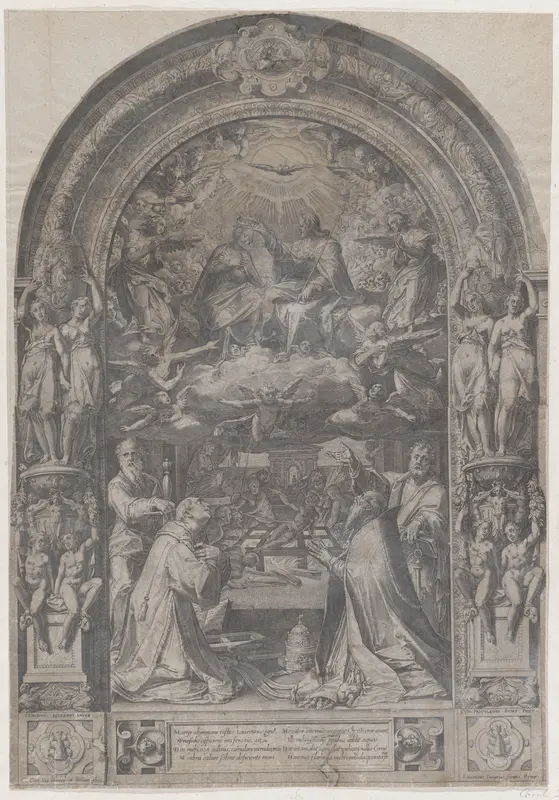 The Coronation of the Virgin with St Lawrence, St Paul, St Peter and St Sixtus Wall Art by Cornelis Cort - High-Resolution Digital Print
