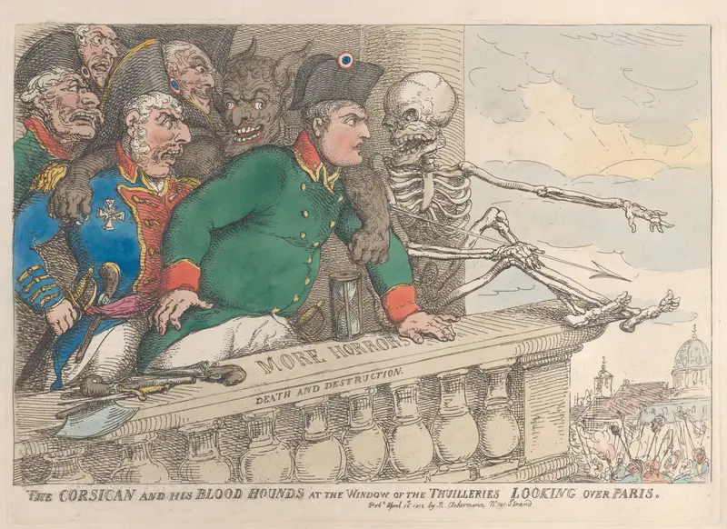 The Corsican and His Bloodhounds at the Window of the Thuilleries Looking Over Paris Wall Art by Thomas Rowlandson - High-Resolution Digital Print