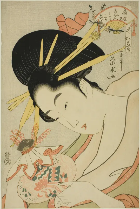 The Courtesan Hanahito of the Ogiya and attendants Sakura and Momiji, from the series "Beauties of the Five Festivals (Bijin gosekku)"