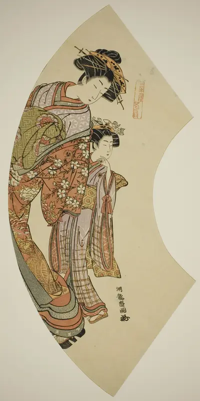 The Courtesan Hanaogi of the Ogiya and her attendant, from the series "Fans of the East (Azuma ogi)"