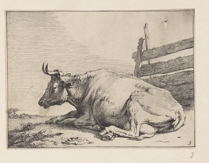 The Cow Lying Down near a Fence, from Various Oxen and Cows Wall Art by Paulus Potter - High-Resolution Digital Print