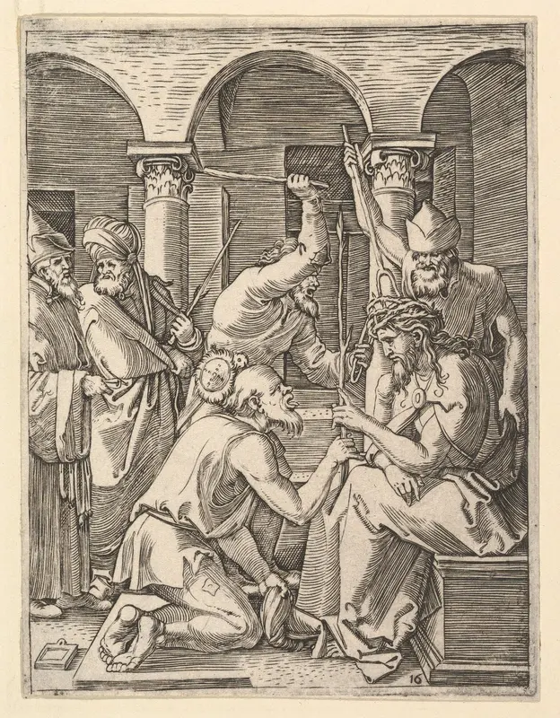 The Crown of Thorns; men putting crown of thorns on Christ who blesses kneeling man, from "The Passion of Christ", after Dürer