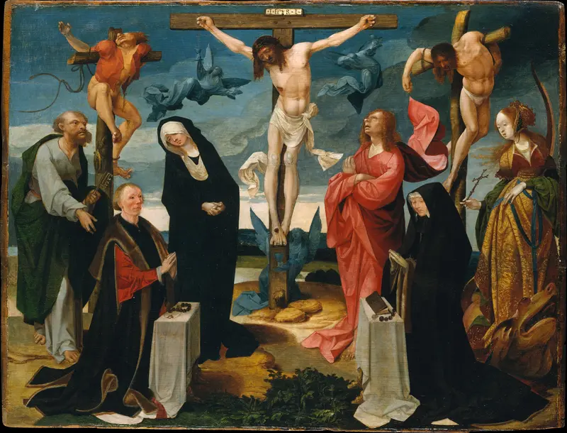 The Crucifixion with Donors and Saints Peter and Margaret of Antioch Wall Art by Cornelis Engebrechtsz - High-Resolution Digital Print