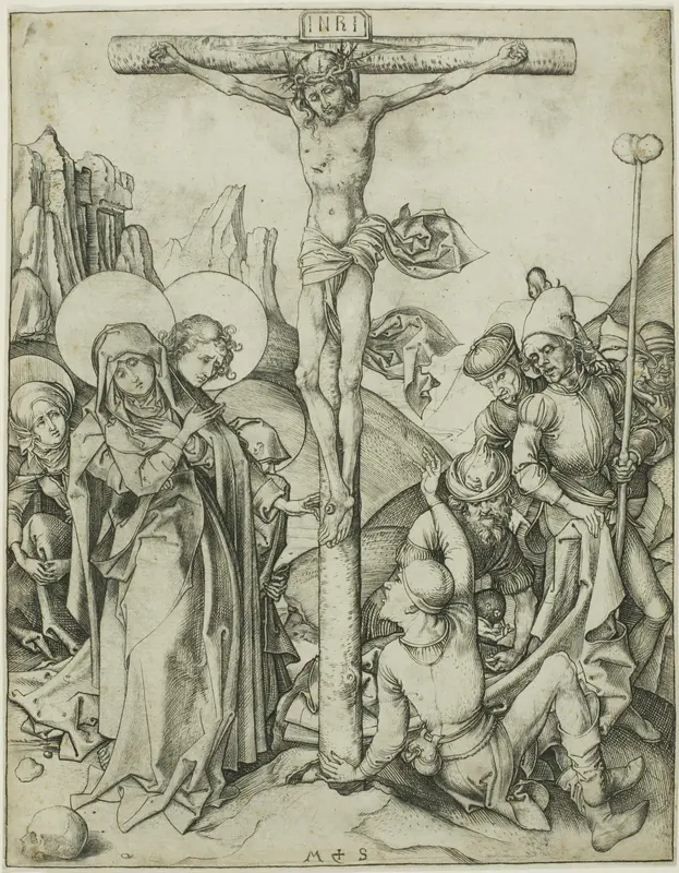 The Crucifixion with the Holy Women, St. John and Roman Soldiers Wall Art by Martin Schongauer - High-Resolution Digital Print