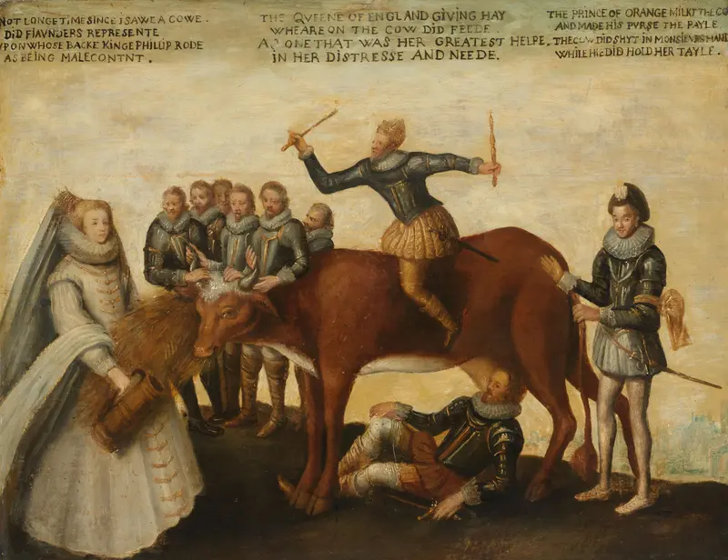 The Dairy Cow: The Dutch Provinces, Revolting against the Spanish King Philip II, Are Led by Prince William of Orange, The States General Entreat Queen Elizabeth I for Aid Wall Art by anonymous - High-Resolution Digital Print