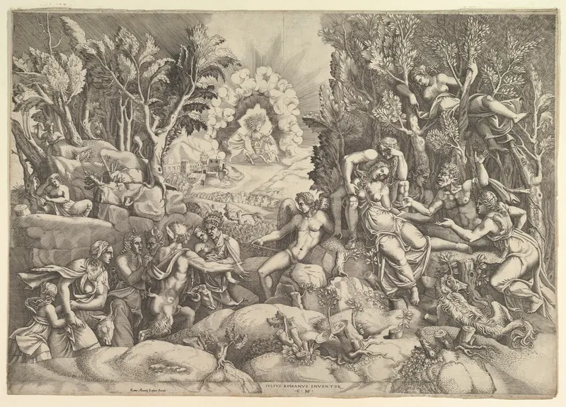 The Death of Procris; Cephalus mournig the death of Procris on the right surrounded by Cupid and mourning satyrs and nymphs, the goddess of dawn in her chariot in the background