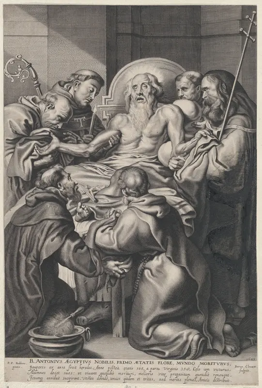 The Death of Saint Anthony, surrounded by saints on his deathbed Wall Art by Peeter Clouwet - High-Resolution Digital Print