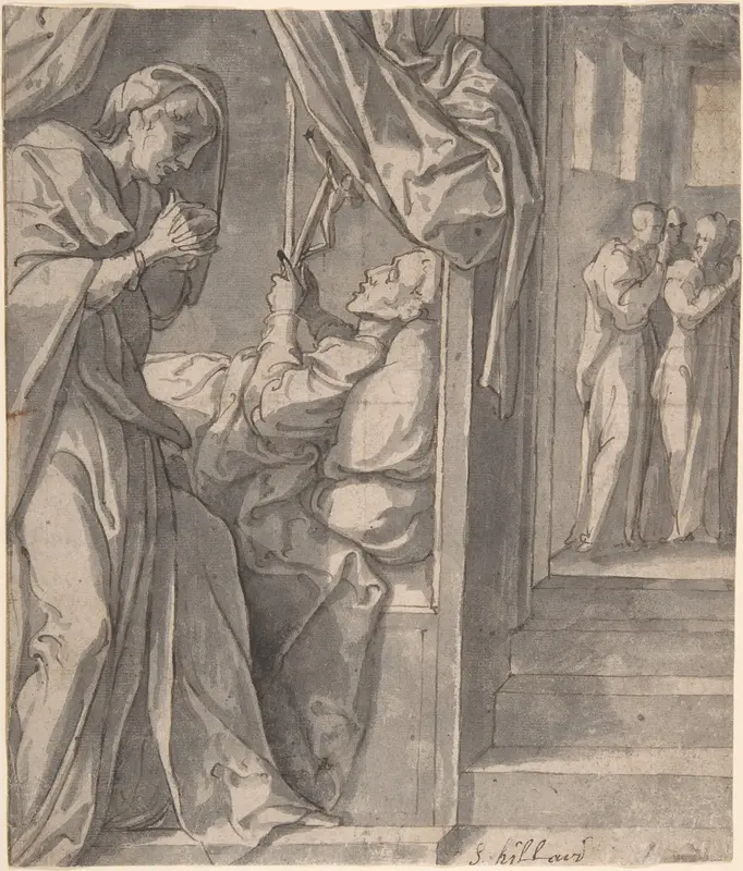 The Death of Saint Hilary (recto); Sketch of an Arm (verso) Wall Art by Jan van Scorel - High-Resolution Digital Print