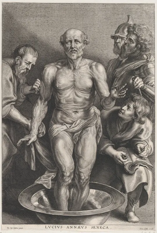 The Death of Seneca, standing at center with his feet in a basin of water, supported by a disciple at left while another takes down his last words at right Wall Art by Alexander Voet II - High-Resolution Digital Print