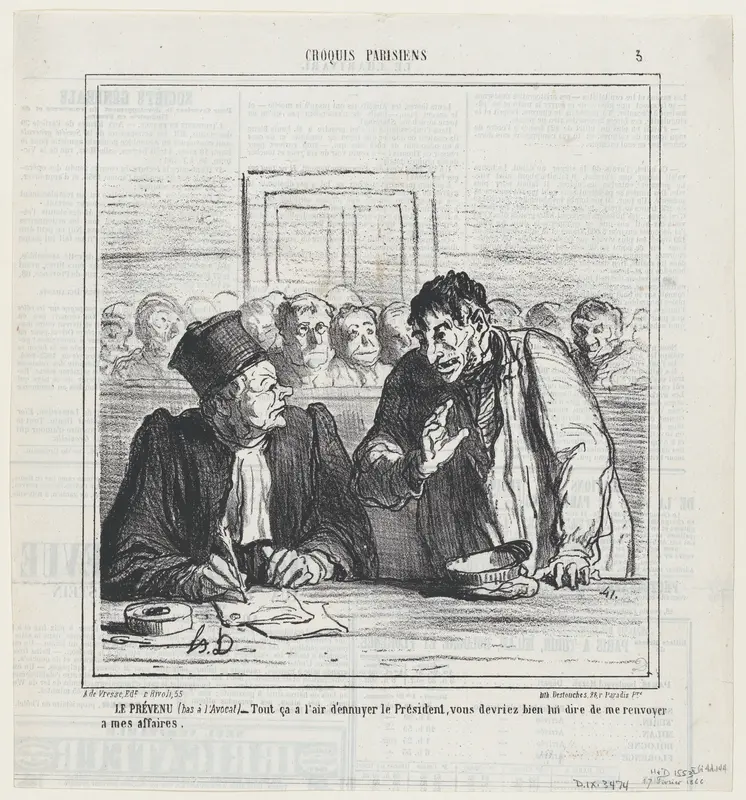 The defendant (whispering to his lawyer): All this seems to bore the president. Why don't you just suggest to simply let me go home, from 'Parisian sketches,' published in Le Charivari, February 17, 1866 Wall Art by Honoré Daumier - High-Resolution Digital Print