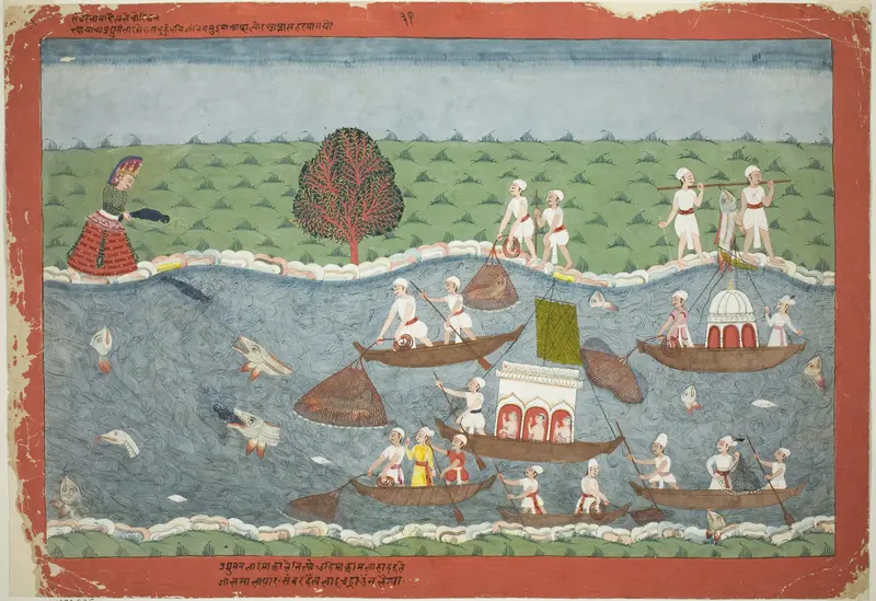 The Demon Sambar Throws the Infant Pradyumna into the River, page from a Dispersed Bhagavata Purana manuscript Wall Art by Unknown - High-Resolution Digital Print
