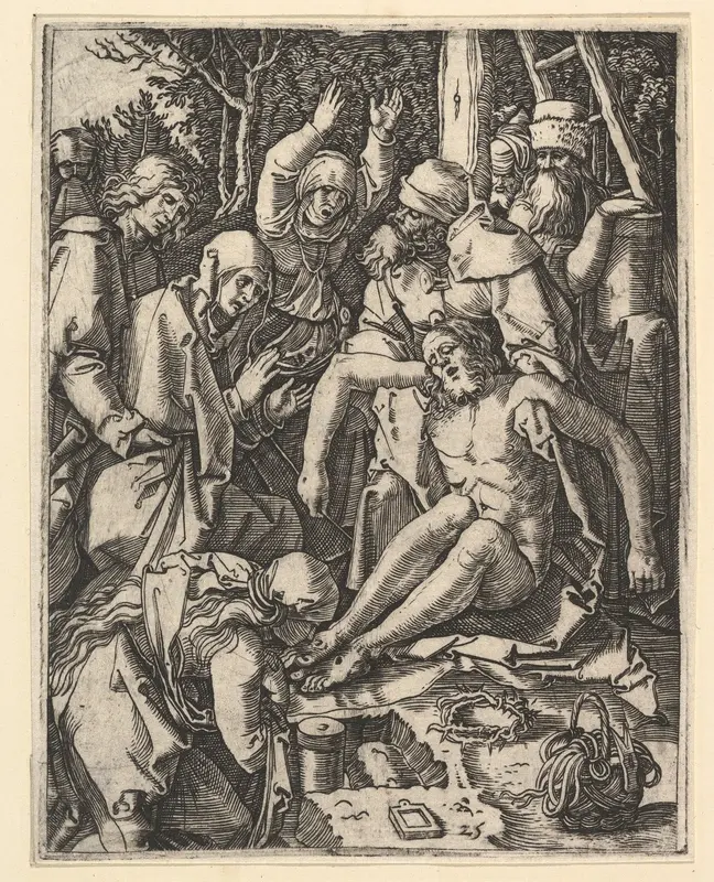 The Deposition; Christ being taken from the Cross, a man on a ladder is holding the body while St John is supporting the weight with a cloth rope, from "The Passion of Christ", after Dürer